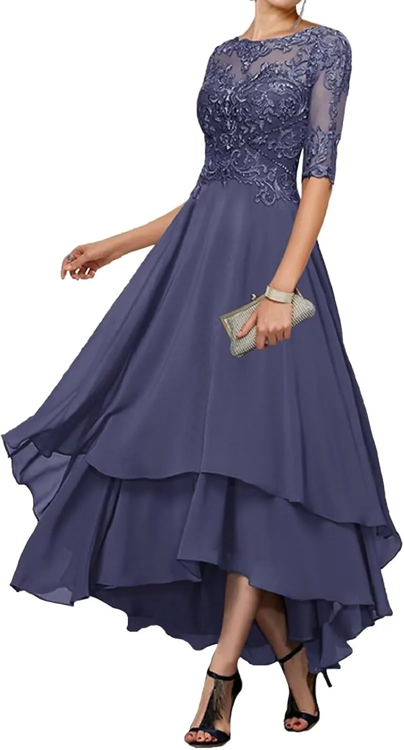 Tea Length Mother of The Bride Dresses for Wedding Tiered Chiffon 1/2 Sleeve Evening Formal Gown