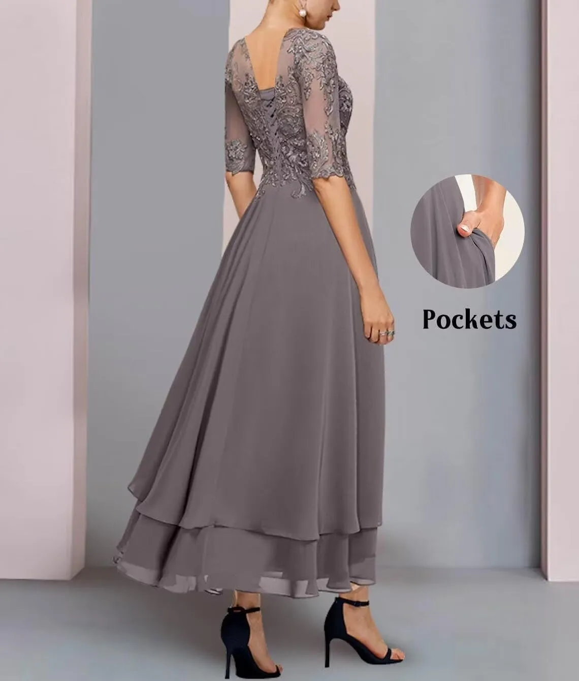 Tea Length Mother of The Bride Dresses for Wedding Tiered Chiffon 1/2 Sleeve Evening Formal Gown