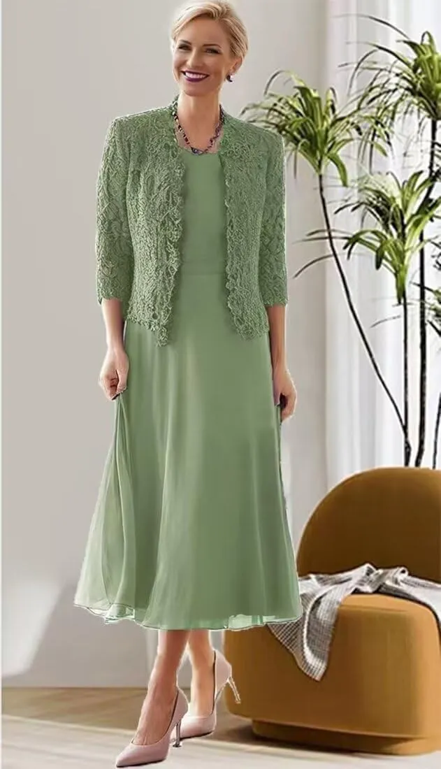 Tea Length Mother of The Bride Dresses for Wedding with Jacket Long Sleeve Lace Chiffon Formal Evening Gowns for Women
