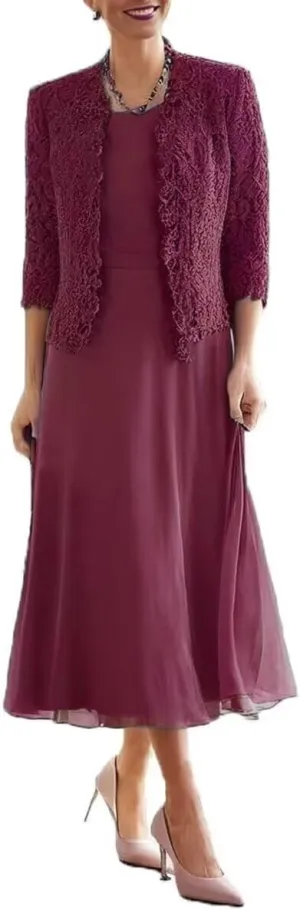 Tea Length Mother of The Bride Dresses for Wedding with Jacket Long Sleeve Lace Chiffon Formal Evening Gowns for Women
