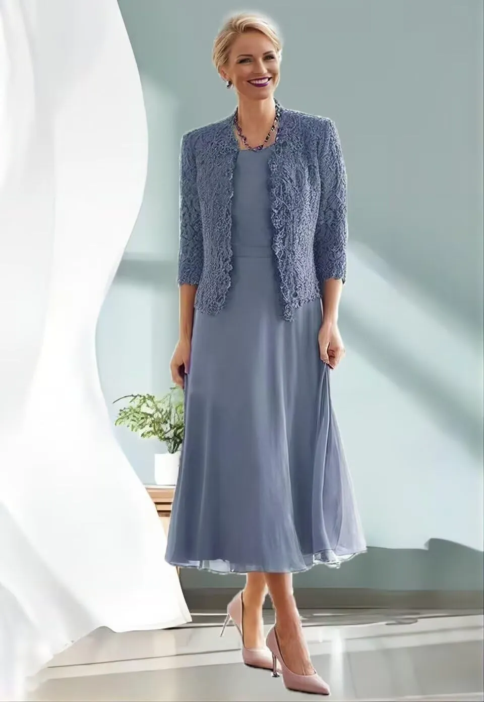 Tea Length Mother of The Bride Dresses for Wedding with Jacket Long Sleeve Lace Chiffon Formal Evening Gowns for Women