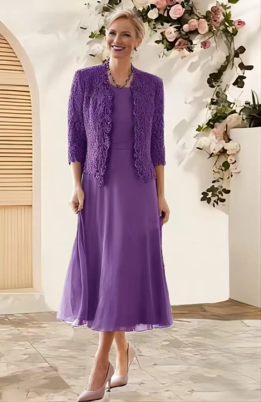 Tea Length Mother of The Bride Dresses for Wedding with Jacket Long Sleeve Lace Chiffon Formal Evening Gowns for Women