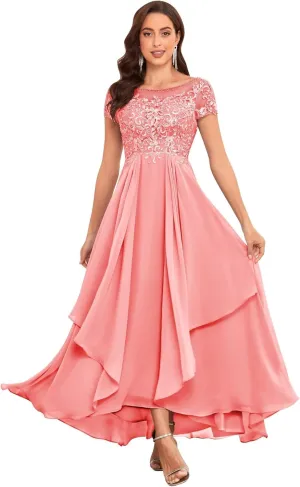 Tea Length Mother of The Bride Dresses for Wedding with Ruffle Lace Short Sleeve Chiffon Formal Evening Gown