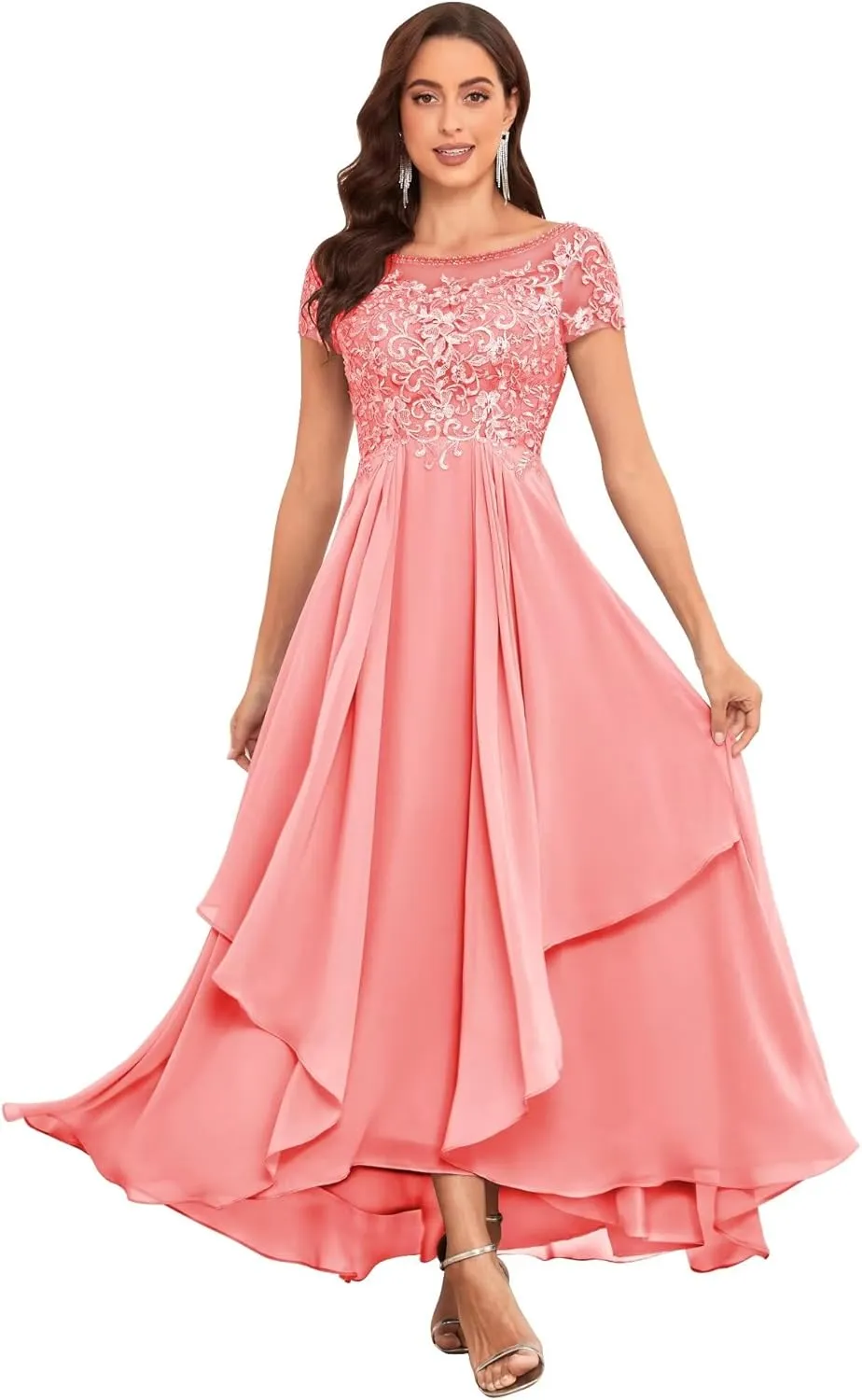 Tea Length Mother of The Bride Dresses for Wedding with Ruffle Lace Short Sleeve Chiffon Formal Evening Gown