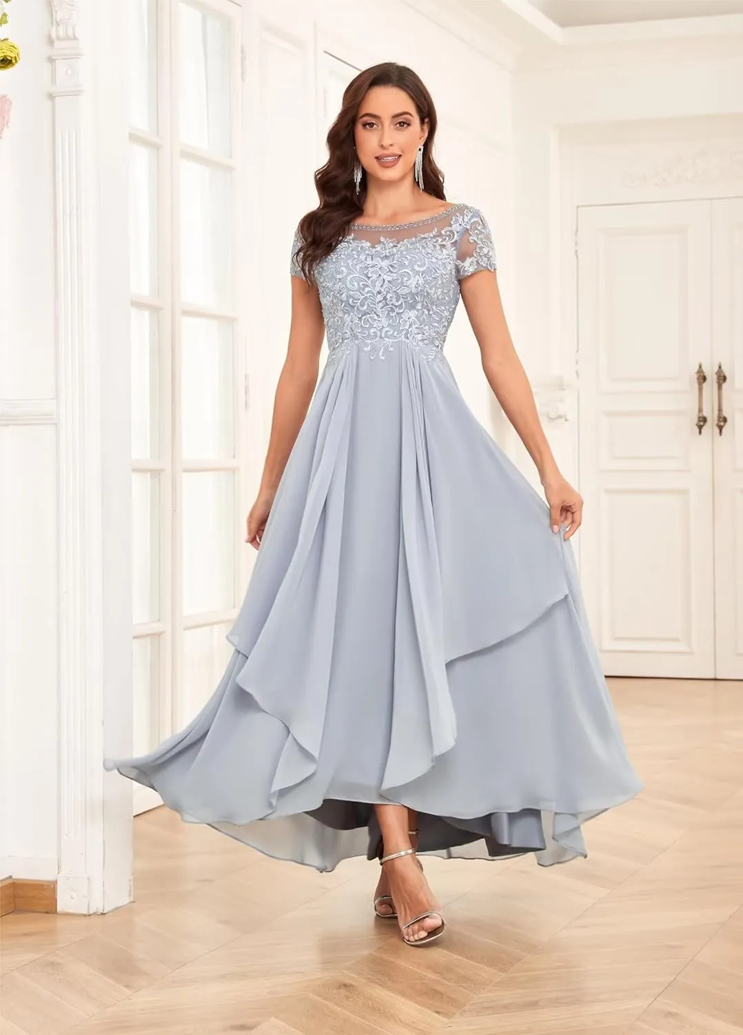 Tea Length Mother of The Bride Dresses for Wedding with Ruffle Lace Short Sleeve Chiffon Formal Evening Gown