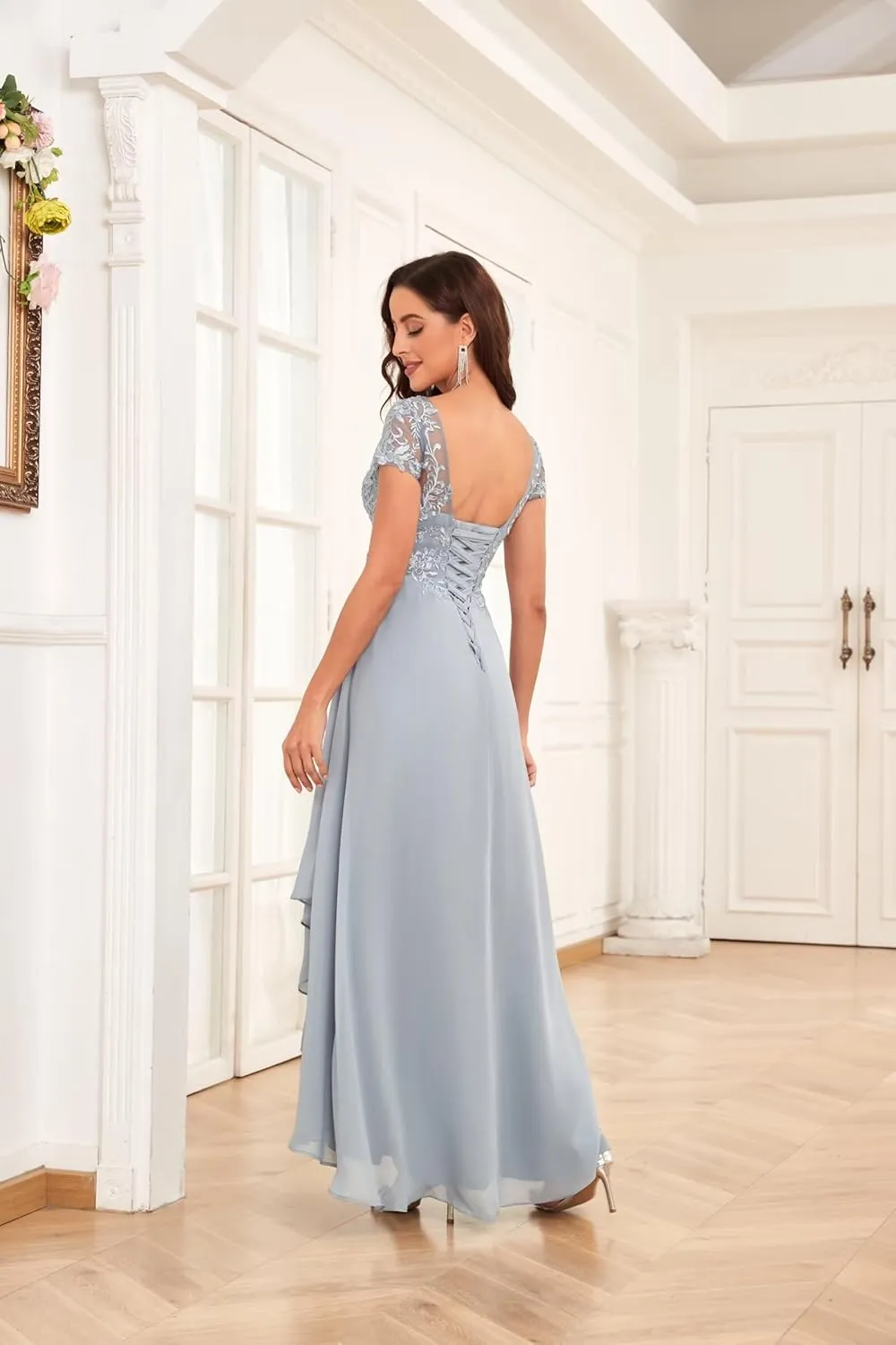 Tea Length Mother of The Bride Dresses for Wedding with Ruffle Lace Short Sleeve Chiffon Formal Evening Gown