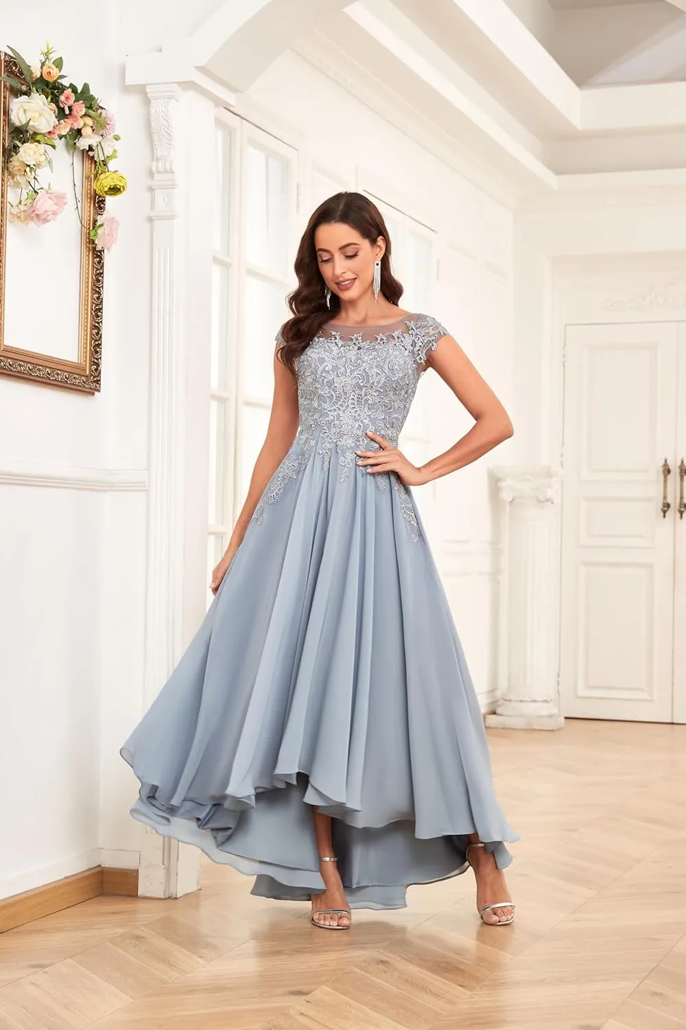 Tea Length Mother of The Bride Dresses for Women Lace Chiffon Wedding Formal Mother Groom Dress with Pockets