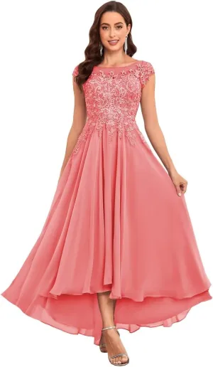 Tea Length Mother of The Bride Dresses for Women Lace Chiffon Wedding Formal Mother Groom Dress with Pockets