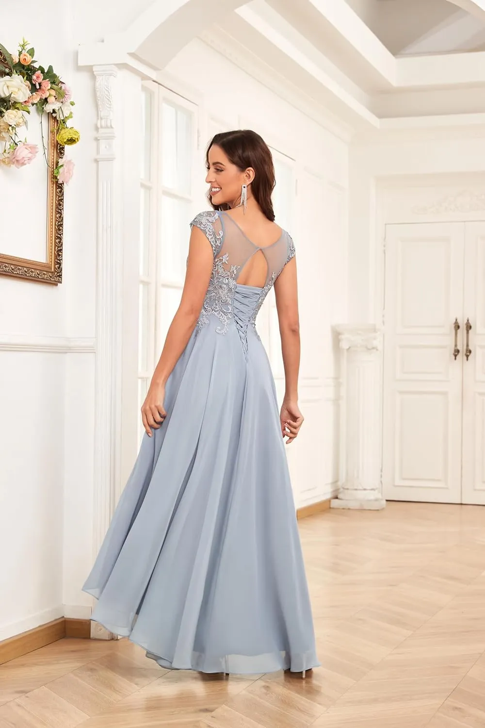 Tea Length Mother of The Bride Dresses for Women Lace Chiffon Wedding Formal Mother Groom Dress with Pockets
