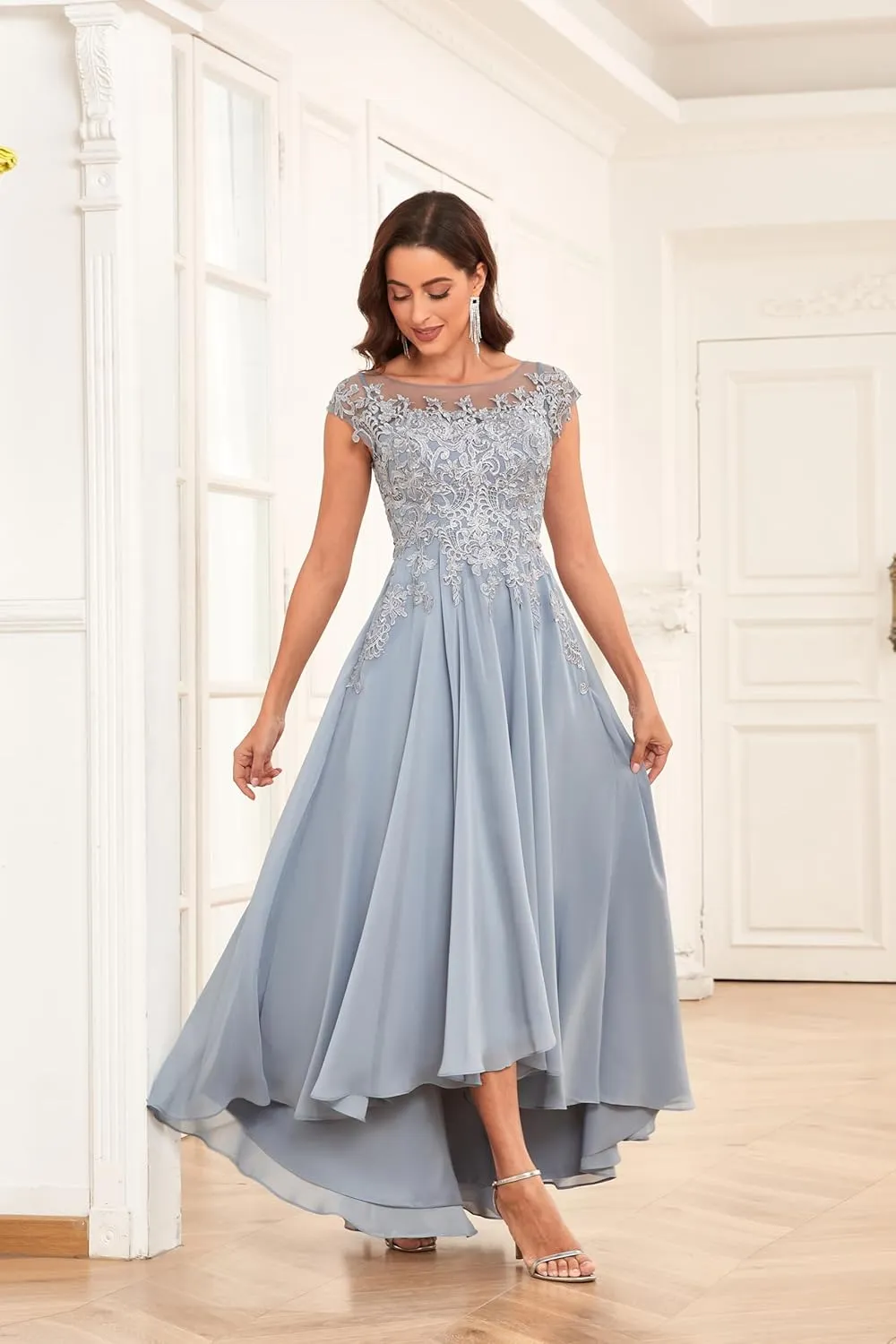 Tea Length Mother of The Bride Dresses for Women Lace Chiffon Wedding Formal Mother Groom Dress with Pockets