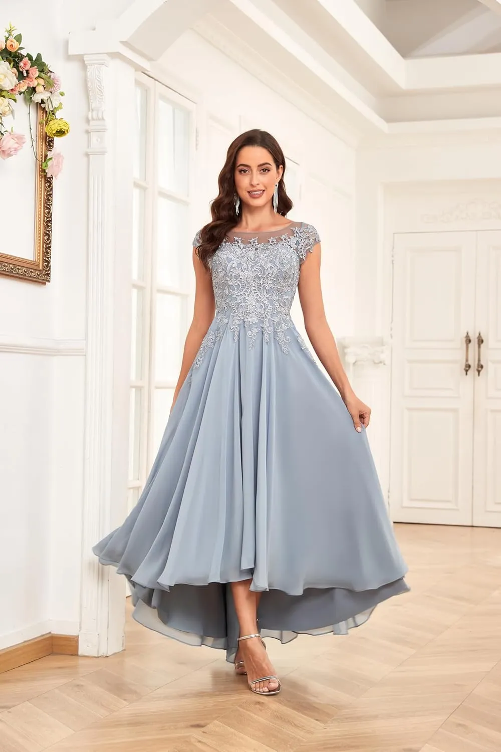 Tea Length Mother of The Bride Dresses for Women Lace Chiffon Wedding Formal Mother Groom Dress with Pockets