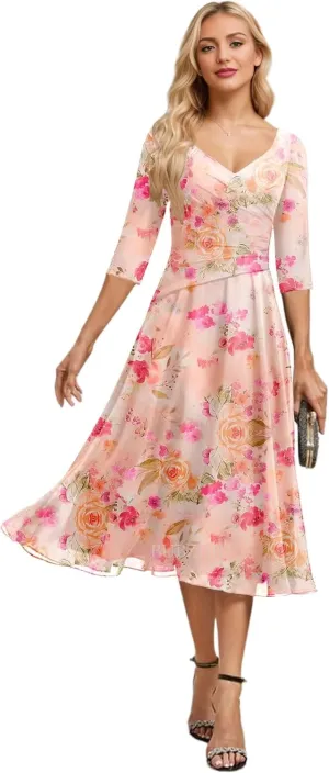 Tea Length Mother of The Bride Dresses for Women Ruched Chiffon Mother of The Groom Dress for Wedding with Sleeve