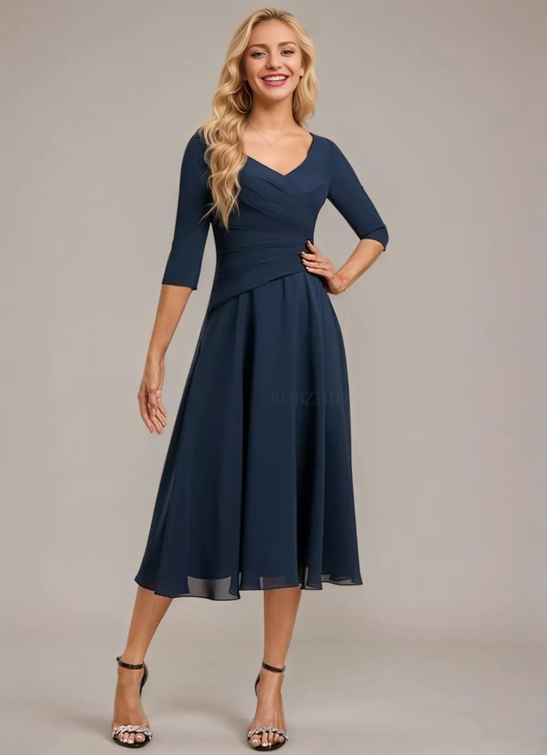 Tea Length Mother of The Bride Dresses for Women Ruched Chiffon Mother of The Groom Dress for Wedding with Sleeve