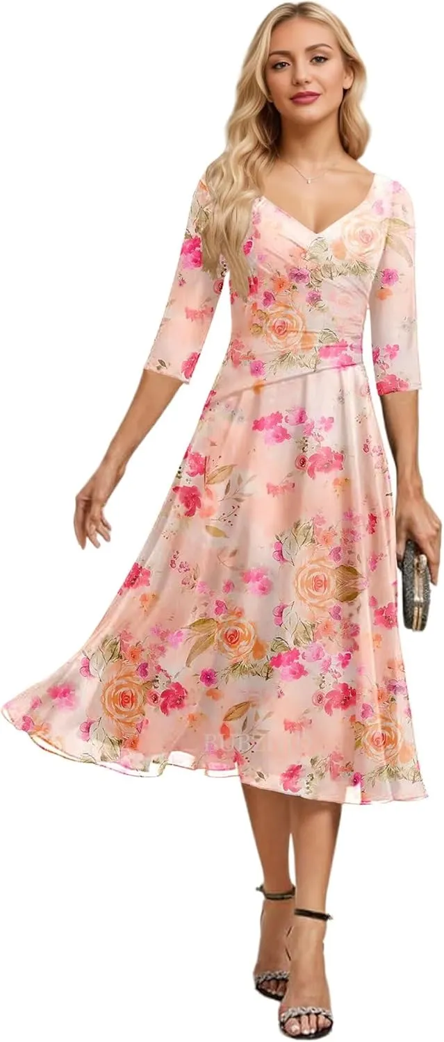 Tea Length Mother of The Bride Dresses for Women Ruched Chiffon Mother of The Groom Dress for Wedding with Sleeve