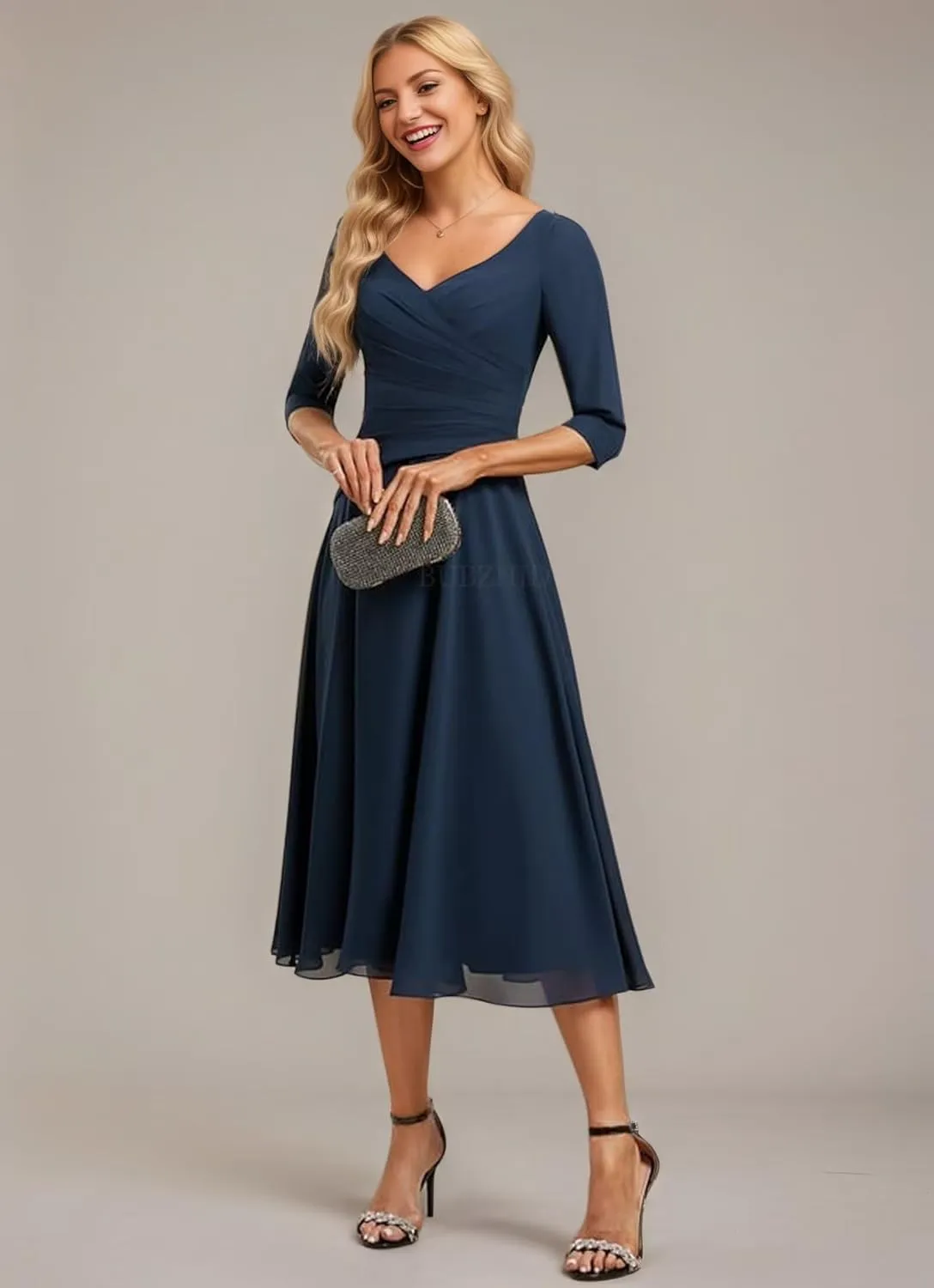Tea Length Mother of The Bride Dresses for Women Ruched Chiffon Mother of The Groom Dress for Wedding with Sleeve