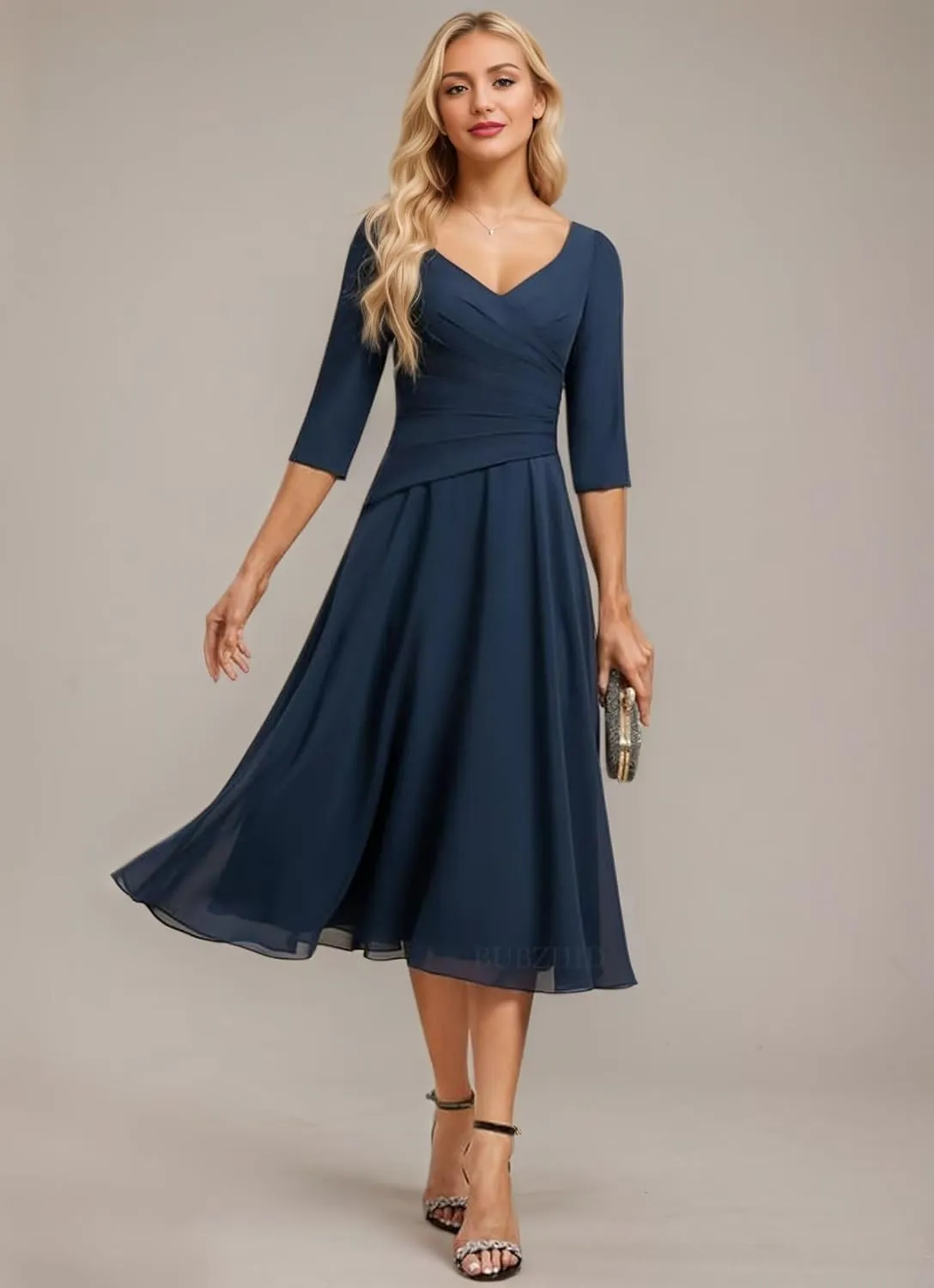 Tea Length Mother of The Bride Dresses for Women Ruched Chiffon Mother of The Groom Dress for Wedding with Sleeve