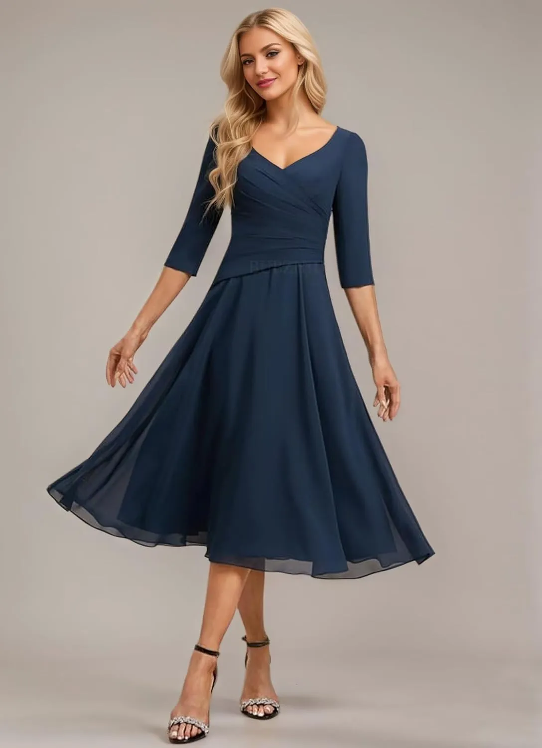 Tea Length Mother of The Bride Dresses for Women Ruched Chiffon Mother of The Groom Dress for Wedding with Sleeve