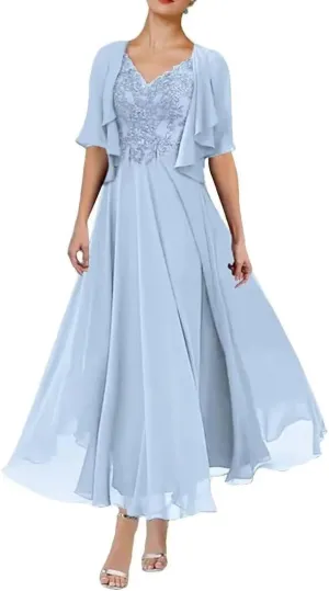 Tea Length Plus Size Mother of The Groom Dresses with Jacket Chiffon 2 Piece V Neck Lace Evening Gown Light Blue