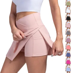 Tennis Skirts for Women with Shorts High Waisted Athletic Skorts Summer Crossover Slit Golf Skirt with Pockets
