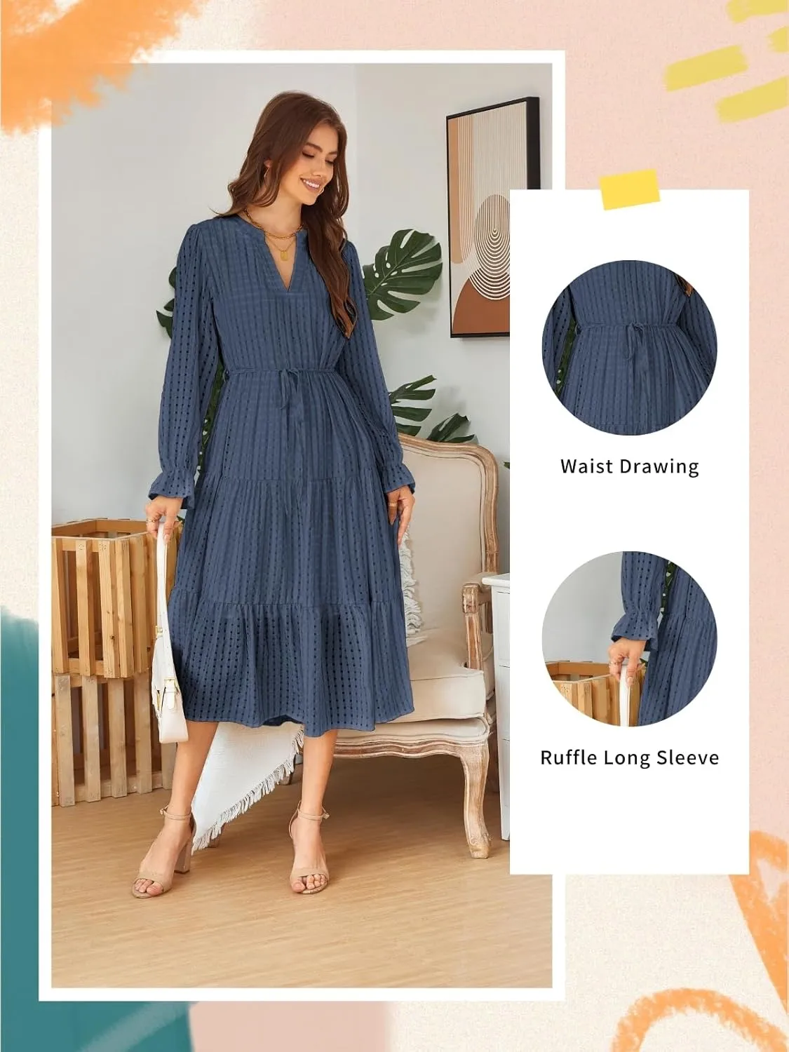 Theenkoln Womens Casual Midi Dress: Long Sleeve V-Neck Empire Waist Gingham Spring Fashion Long Trendy Tiered Formal Dresses