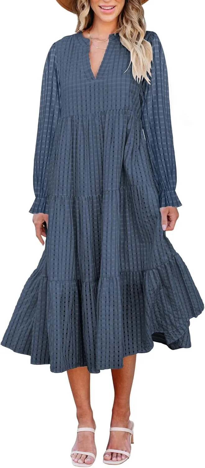 Theenkoln Womens Casual Midi Dress: Long Sleeve V-Neck Empire Waist Gingham Spring Fashion Long Trendy Tiered Formal Dresses