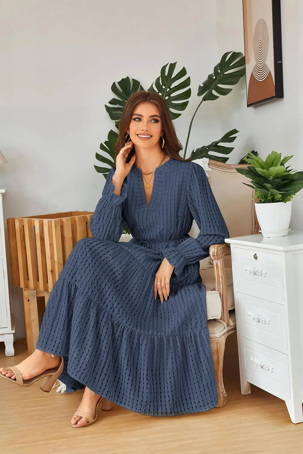 Theenkoln Womens Casual Midi Dress: Long Sleeve V-Neck Empire Waist Gingham Spring Fashion Long Trendy Tiered Formal Dresses