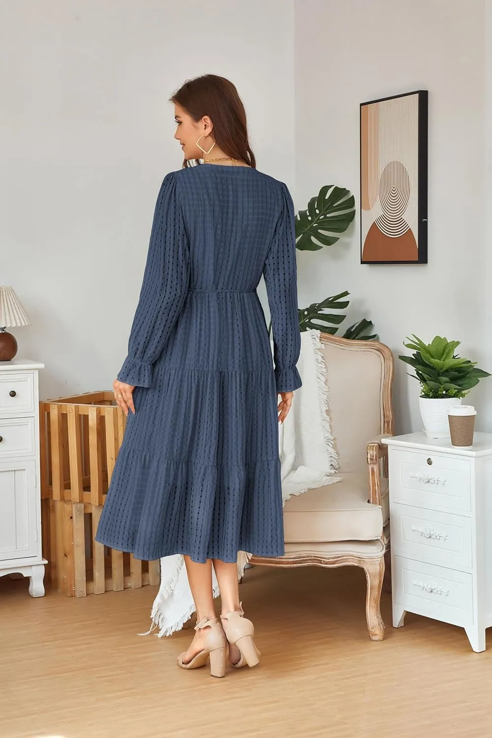 Theenkoln Womens Casual Midi Dress: Long Sleeve V-Neck Empire Waist Gingham Spring Fashion Long Trendy Tiered Formal Dresses