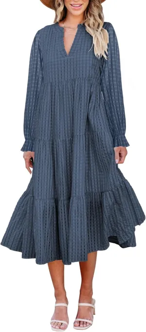 Theenkoln Womens Casual Midi Dress: Long Sleeve V-Neck Empire Waist Gingham Spring Fashion Long Trendy Tiered Formal Dresses