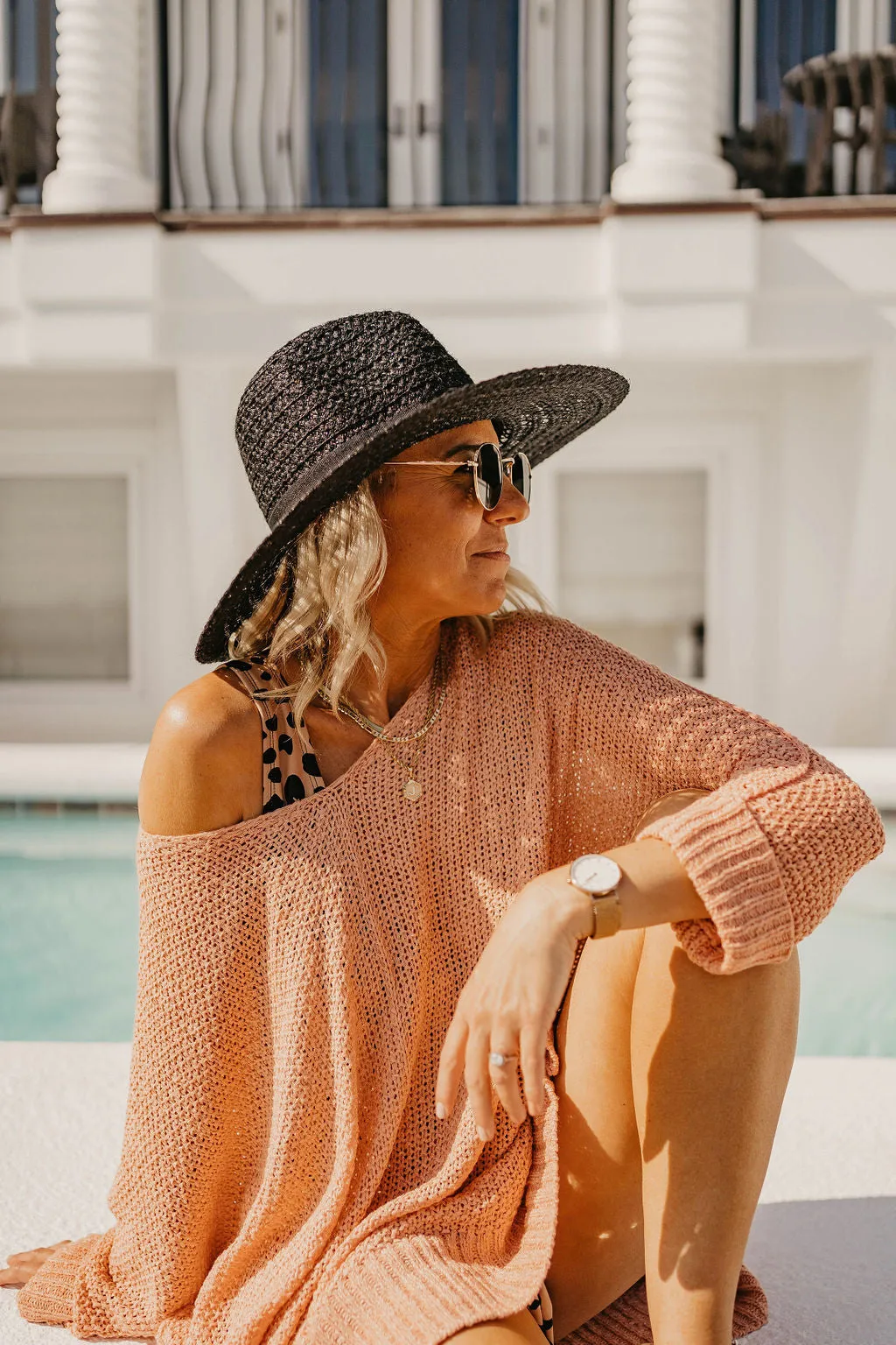 Throwing Shade Wide Brim Hat with Black Band in Black