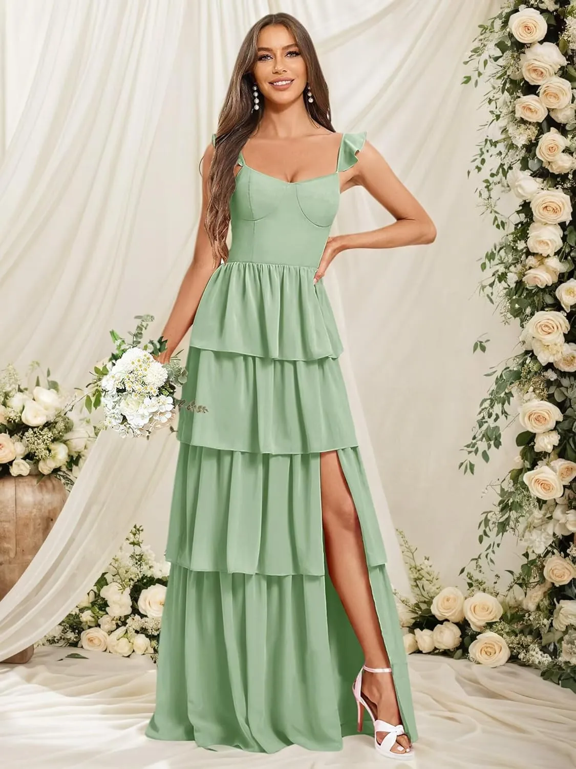 Tiered Bridesmaid Dresses for Women Spaghetti Strap Chiffon Long Formal Evening Dresses with Slit