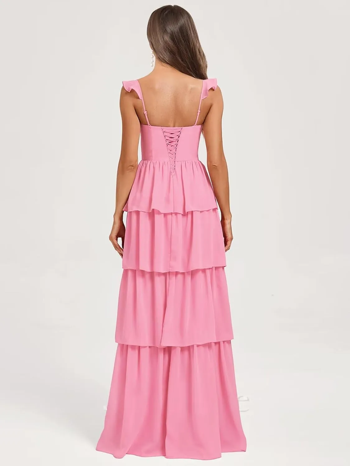 Tiered Bridesmaid Dresses for Women Spaghetti Strap Chiffon Long Formal Evening Dresses with Slit