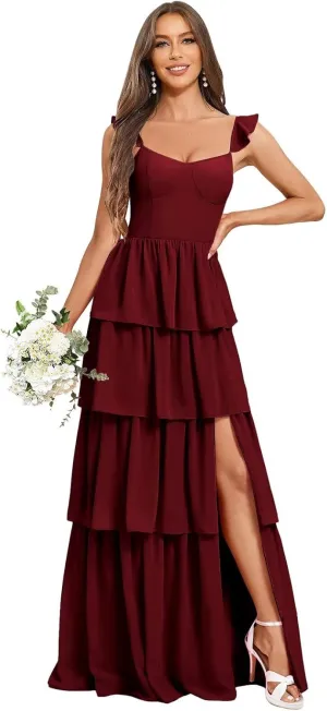 Tiered Bridesmaid Dresses for Women Spaghetti Strap Chiffon Long Formal Evening Dresses with Slit