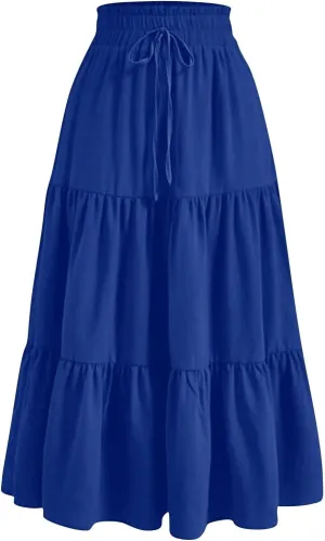 Tiered Maxi Skirts for Women Comfy Ruffle Hem Flowy Swing Elastic High Waisted Summer Cover Ups Long Skorts