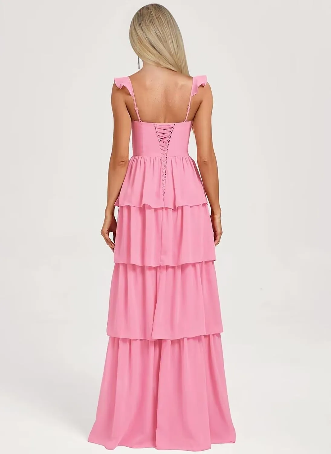 Tiered Ruffle Bridesmaid Dresses for Women Chiffon Long Formal Evening Gown for Wedding Guest with Slit