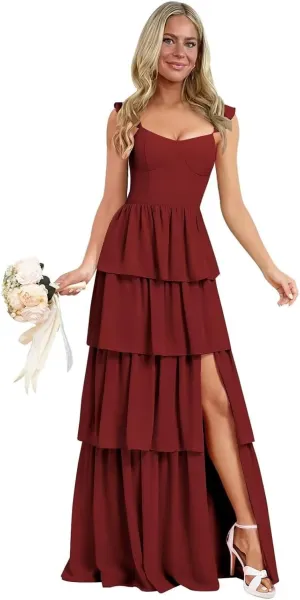 Tiered Ruffle Bridesmaid Dresses for Women Chiffon Long Formal Evening Gown for Wedding Guest with Slit