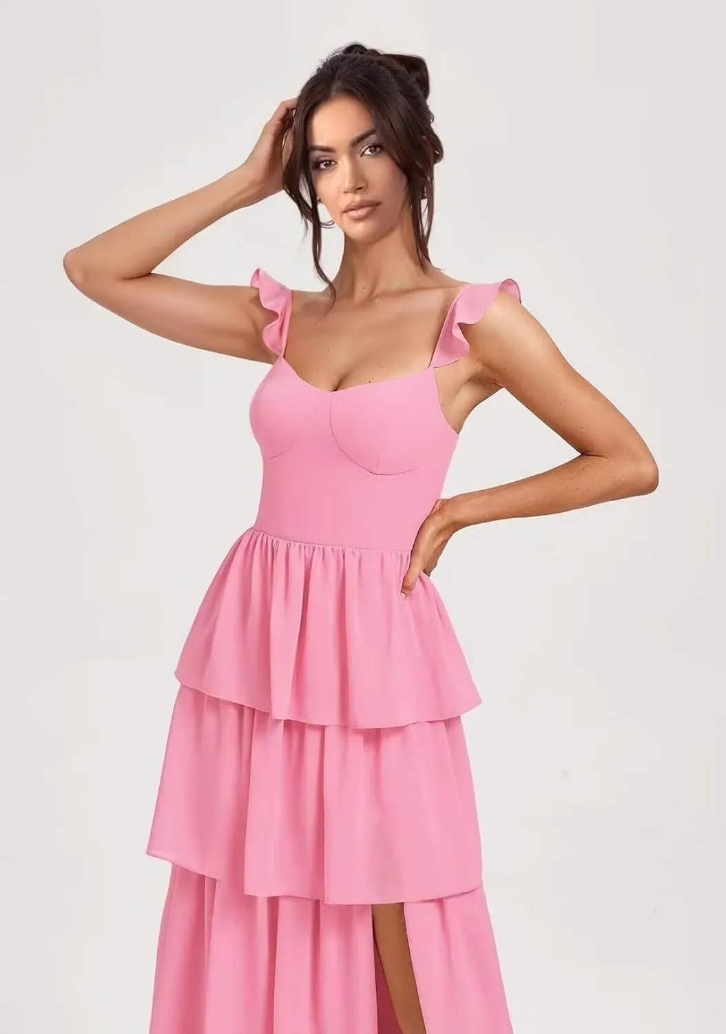 Tiered Ruffle Bridesmaid Dresses for Women Chiffon Long Formal Evening Gown for Wedding Guest with Slit