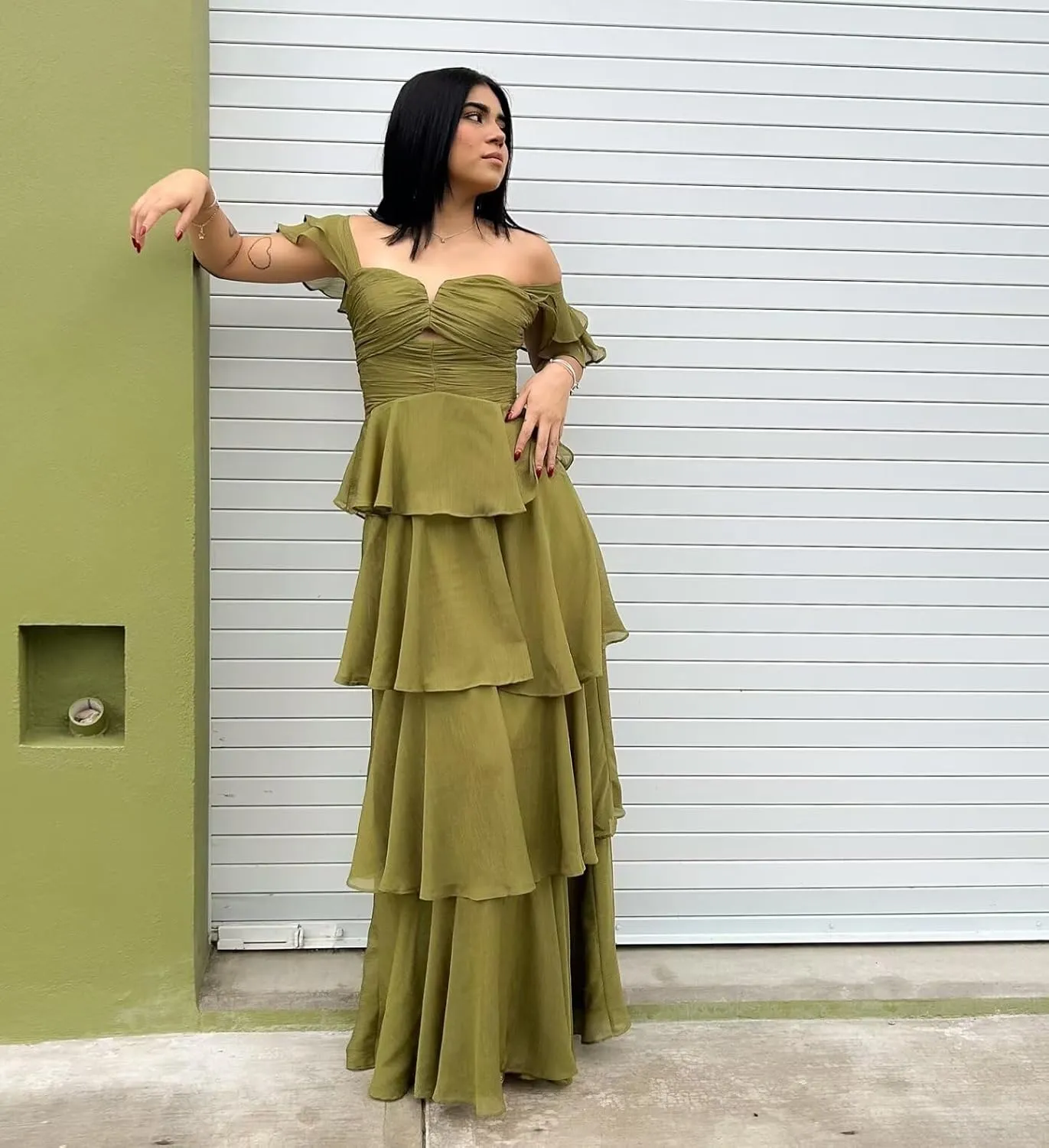 Tiered Ruffle Bridesmaid Dresses Long Off The Shoulder Chiffon Prom Evening Dresses for Women