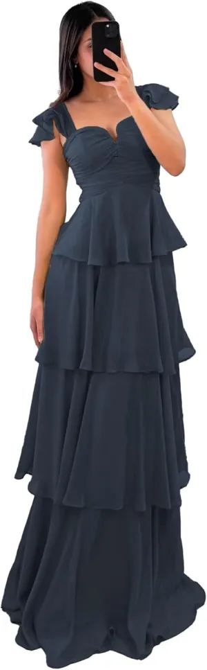 Tiered Ruffle Bridesmaid Dresses Long Off The Shoulder Chiffon Prom Evening Dresses for Women