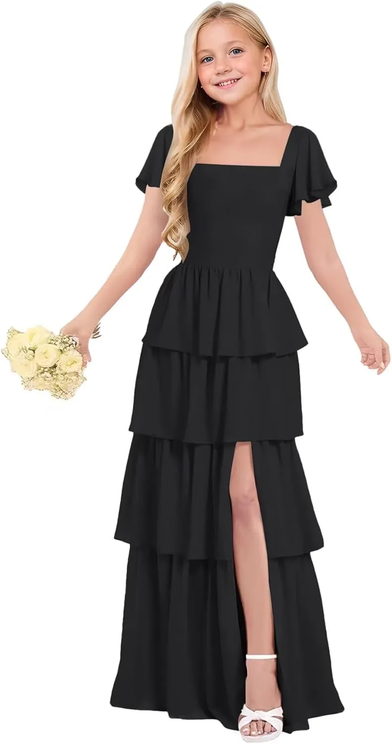 Tiered Ruffles Junior Bridesmaid Dresses Chiffon Flower Girl Dress for Wedding Pageant Formal Dresses for Girls