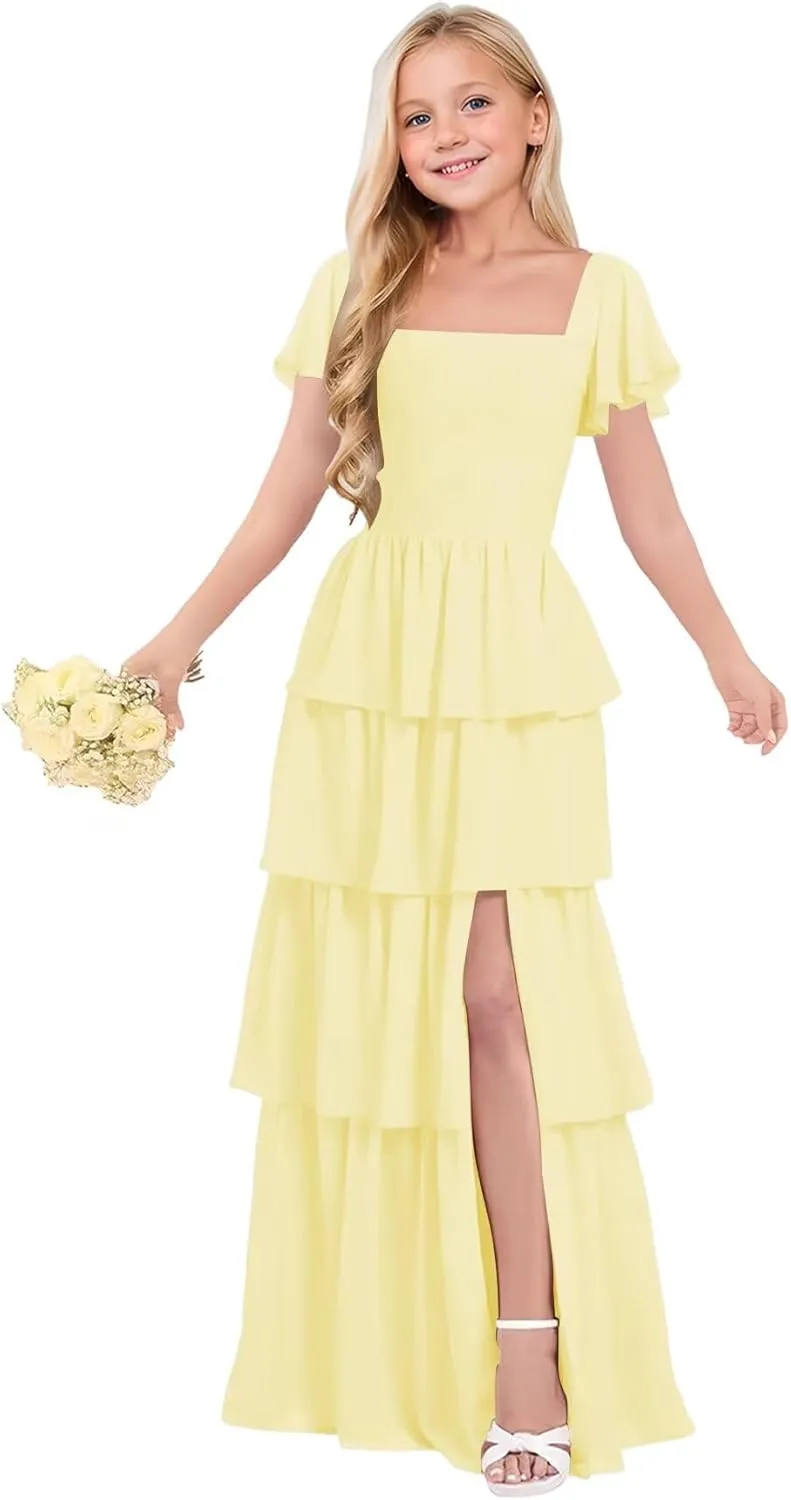 Tiered Ruffles Junior Bridesmaid Dresses Chiffon Flower Girl Dress for Wedding Pageant Formal Dresses for Girls