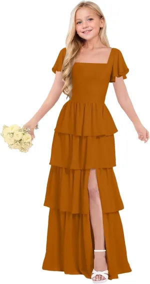 Tiered Ruffles Junior Bridesmaid Dresses Chiffon Flower Girl Dress for Wedding Pageant Formal Dresses for Girls