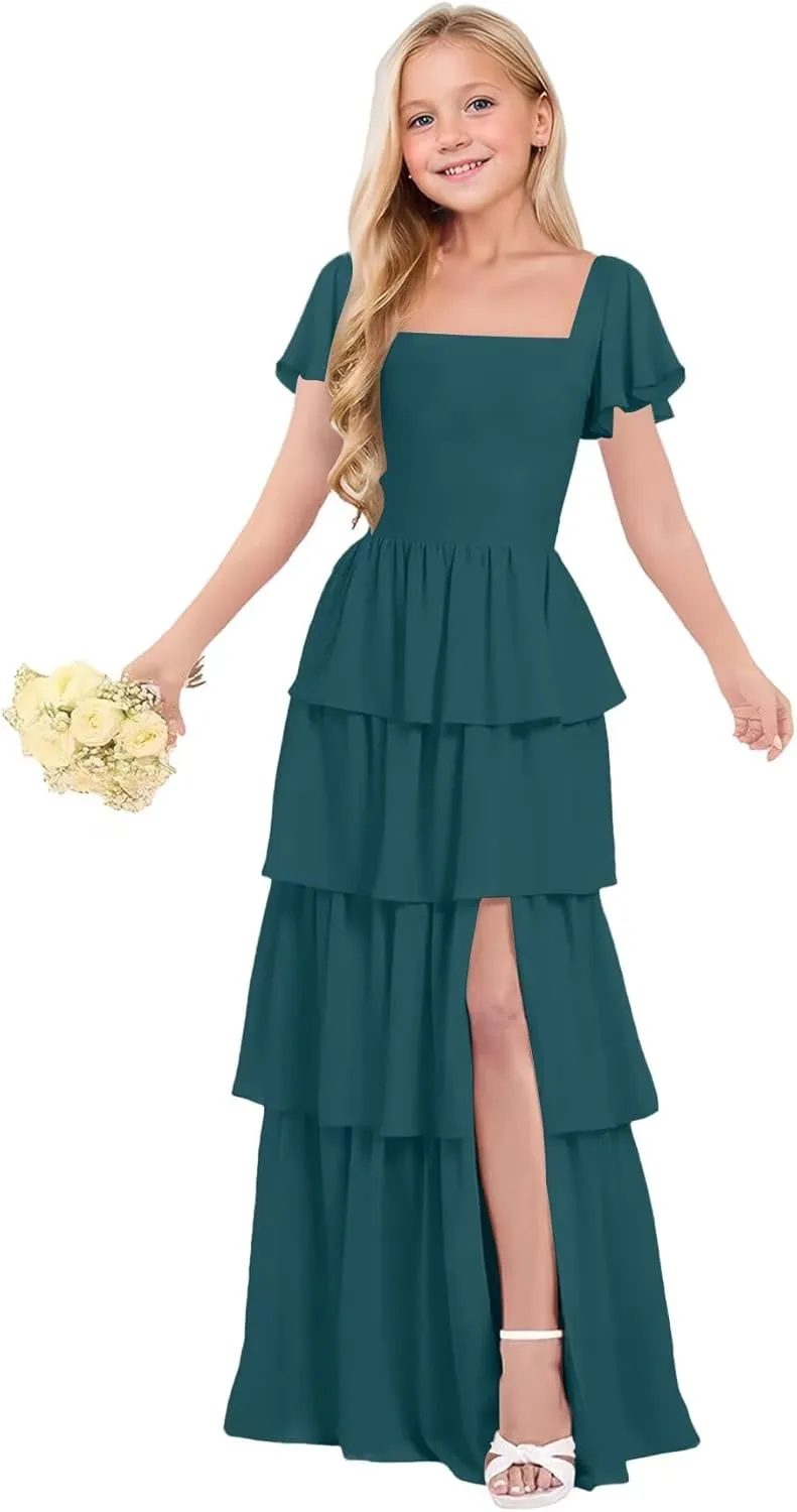Tiered Ruffles Junior Bridesmaid Dresses Chiffon Flower Girl Dress for Wedding Pageant Formal Dresses for Girls
