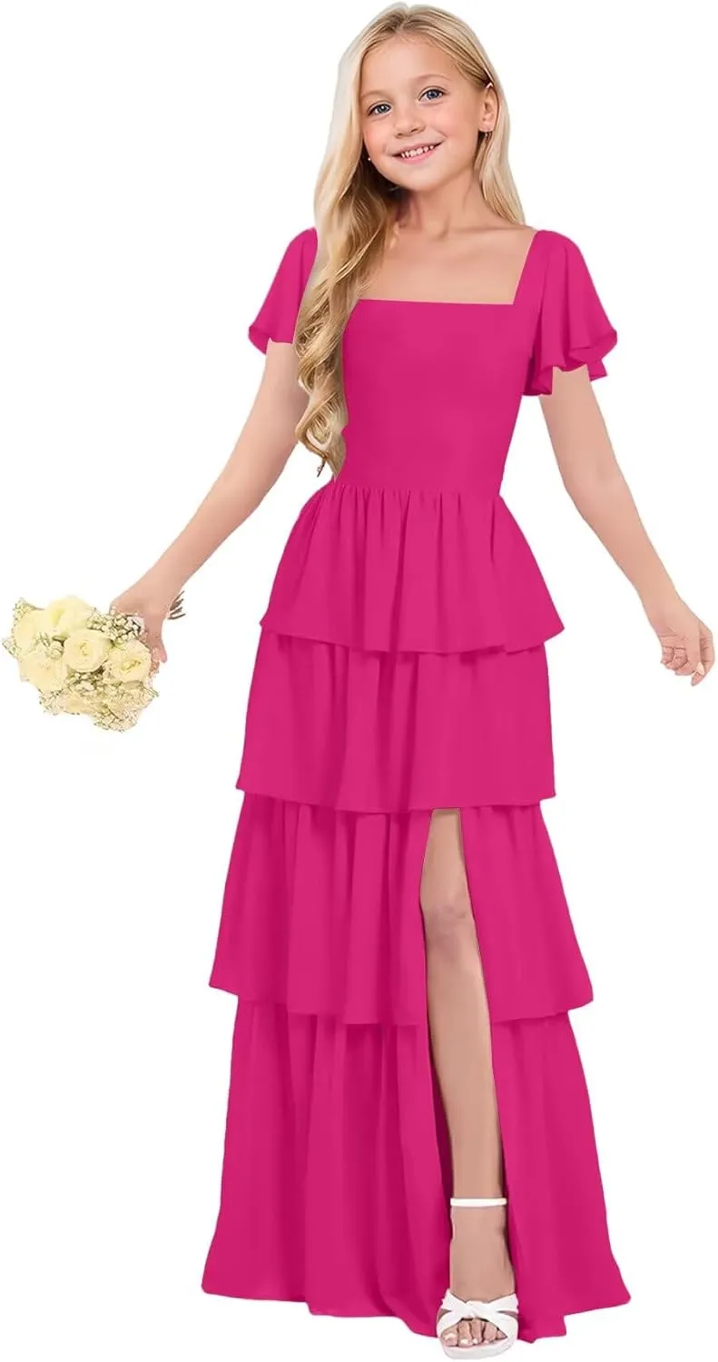 Tiered Ruffles Junior Bridesmaid Dresses Chiffon Flower Girl Dress for Wedding Pageant Formal Dresses for Girls