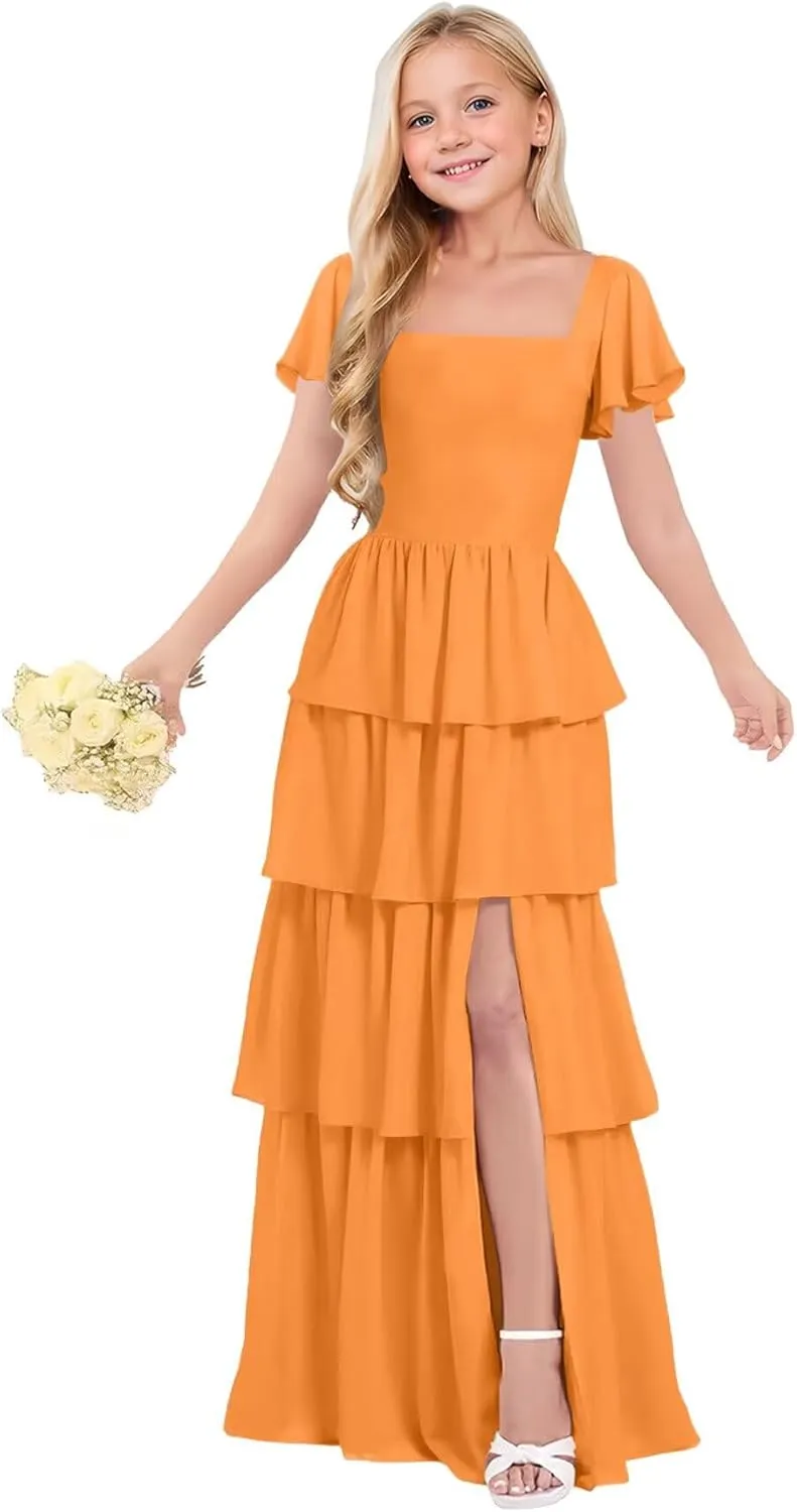 Tiered Ruffles Junior Bridesmaid Dresses Chiffon Flower Girl Dress for Wedding Pageant Formal Dresses for Girls