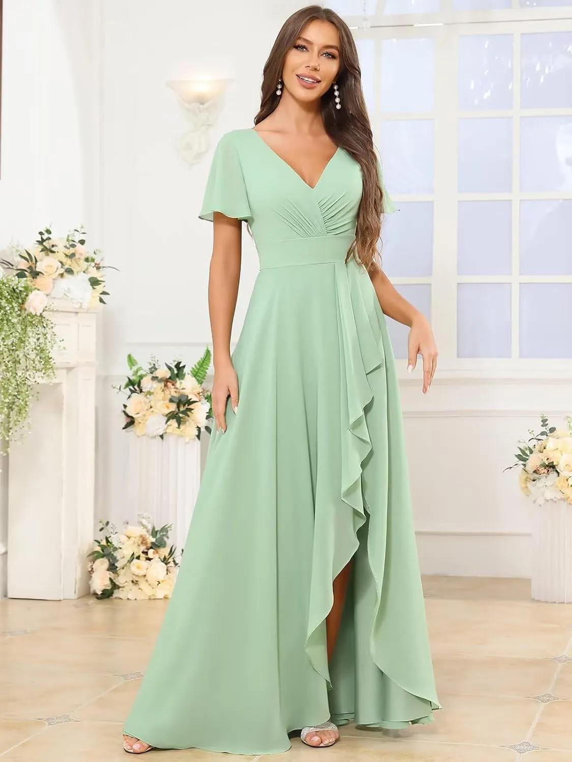 TORYEMY Chiffon Bridesmaid Dresses Long with Sleeves Slit V Neck Ruffle Ruched A Line Formal Evening Dress for Women