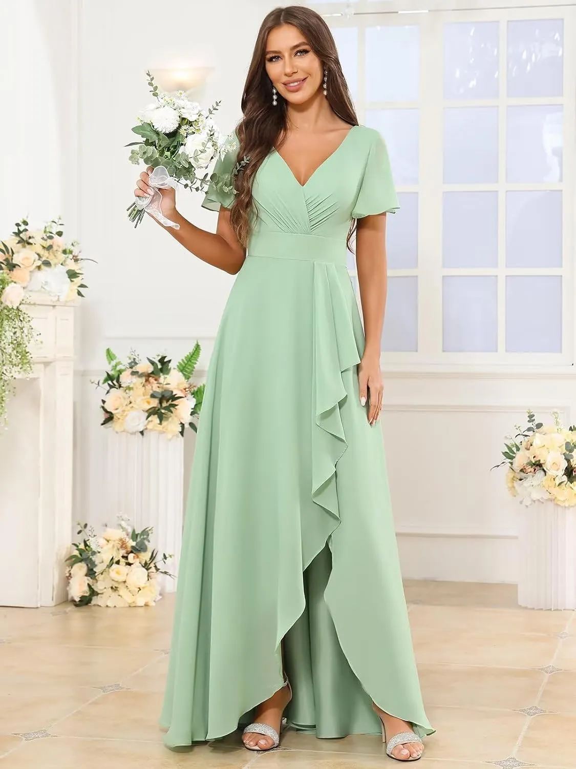 TORYEMY Chiffon Bridesmaid Dresses Long with Sleeves Slit V Neck Ruffle Ruched A Line Formal Evening Dress for Women