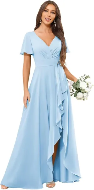 TORYEMY Chiffon Bridesmaid Dresses Long with Sleeves Slit V Neck Ruffle Ruched A Line Formal Evening Dress for Women
