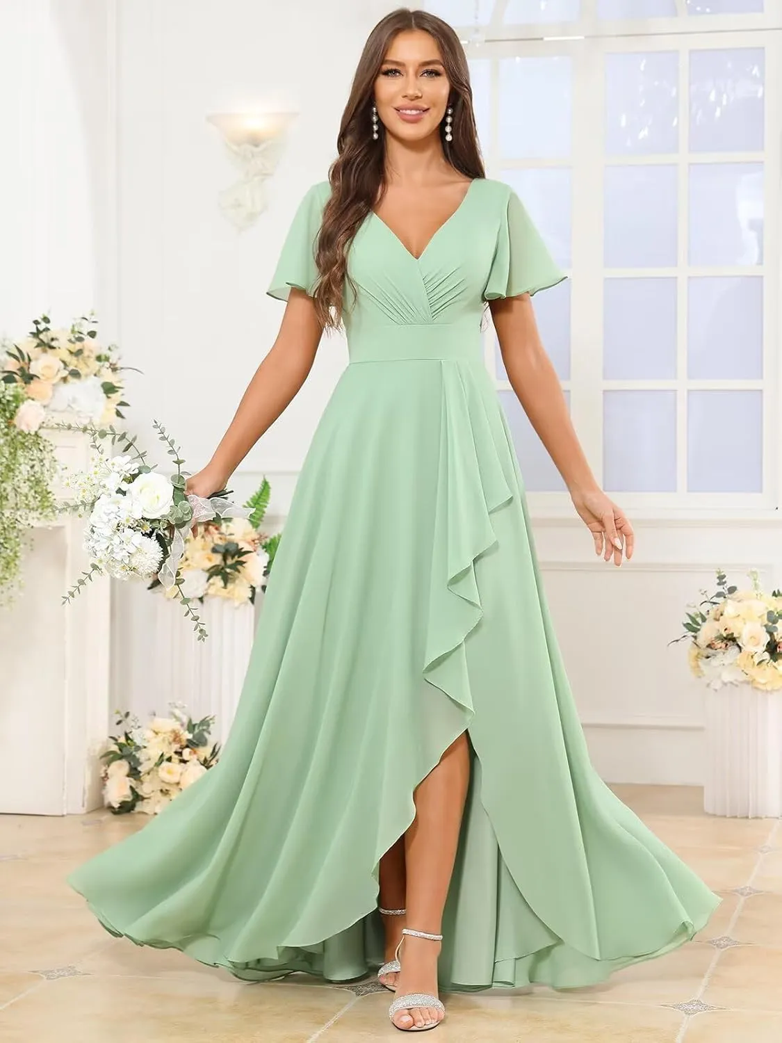 TORYEMY Chiffon Bridesmaid Dresses Long with Sleeves Slit V Neck Ruffle Ruched A Line Formal Evening Dress for Women