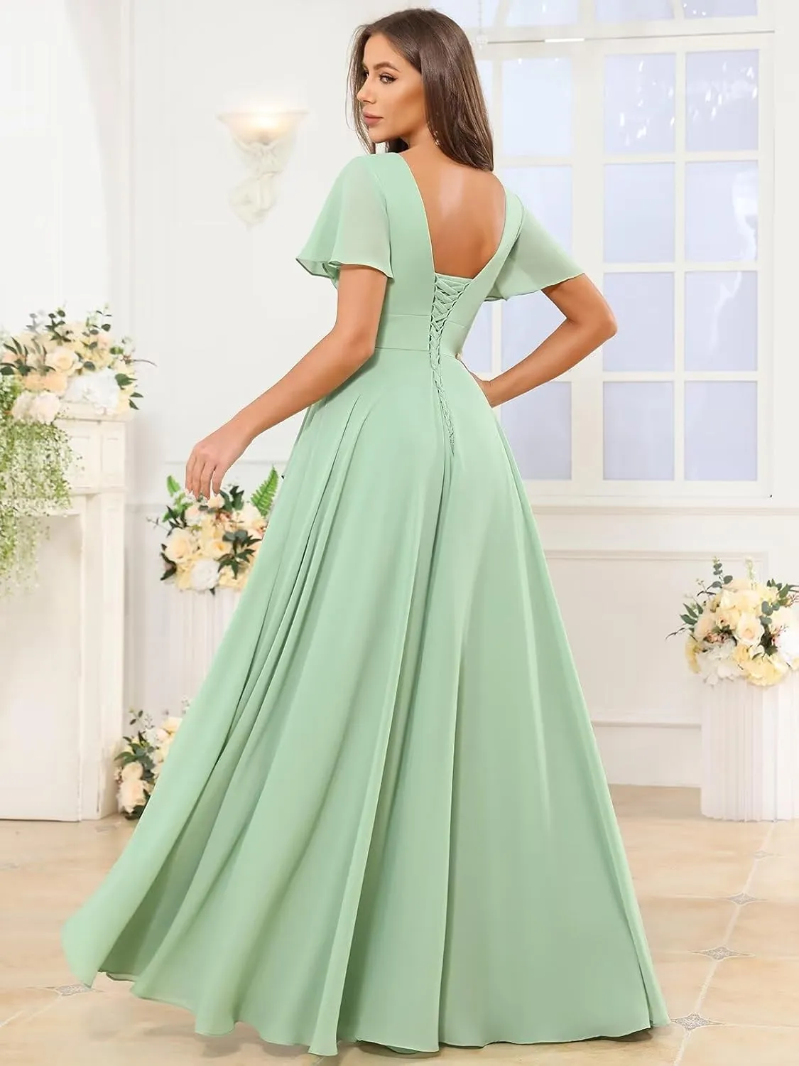 TORYEMY Chiffon Bridesmaid Dresses Long with Sleeves Slit V Neck Ruffle Ruched A Line Formal Evening Dress for Women