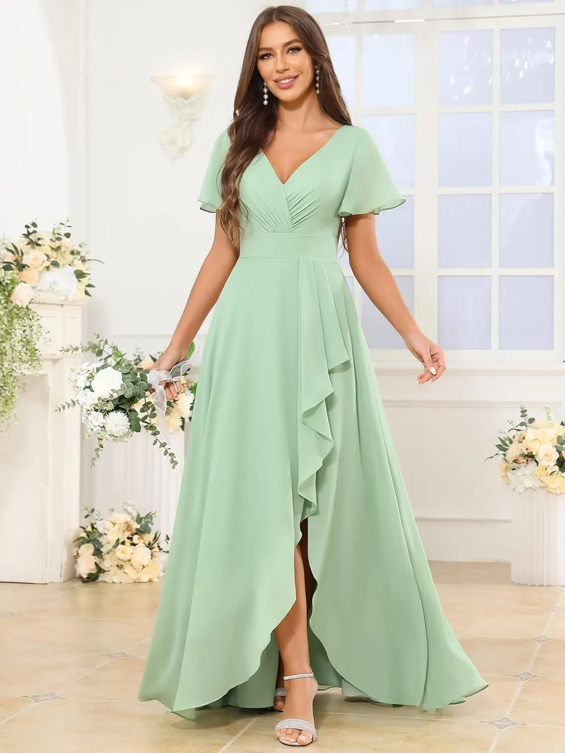 TORYEMY Chiffon Bridesmaid Dresses Long with Sleeves Slit V Neck Ruffle Ruched A Line Formal Evening Dress for Women